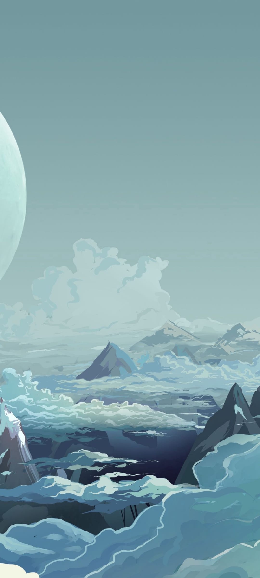 Snow-capped blue mountains pierce through thick white clouds beneath a giant pale moon in a hazy cosmic sky.