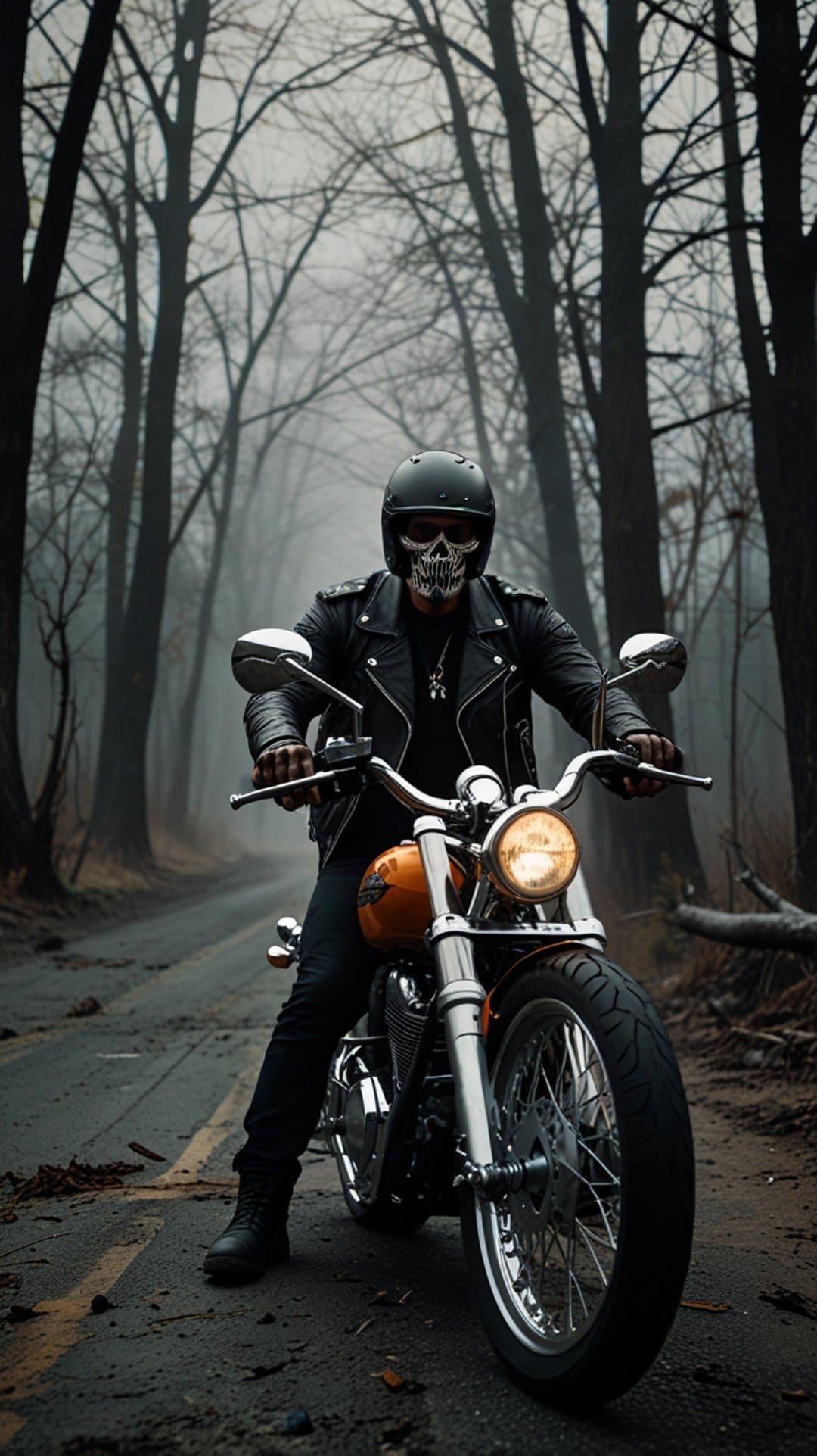 Biker wearing a skull mask and leather jacket rides a motorcycle through a fog-covered forest with bare trees.