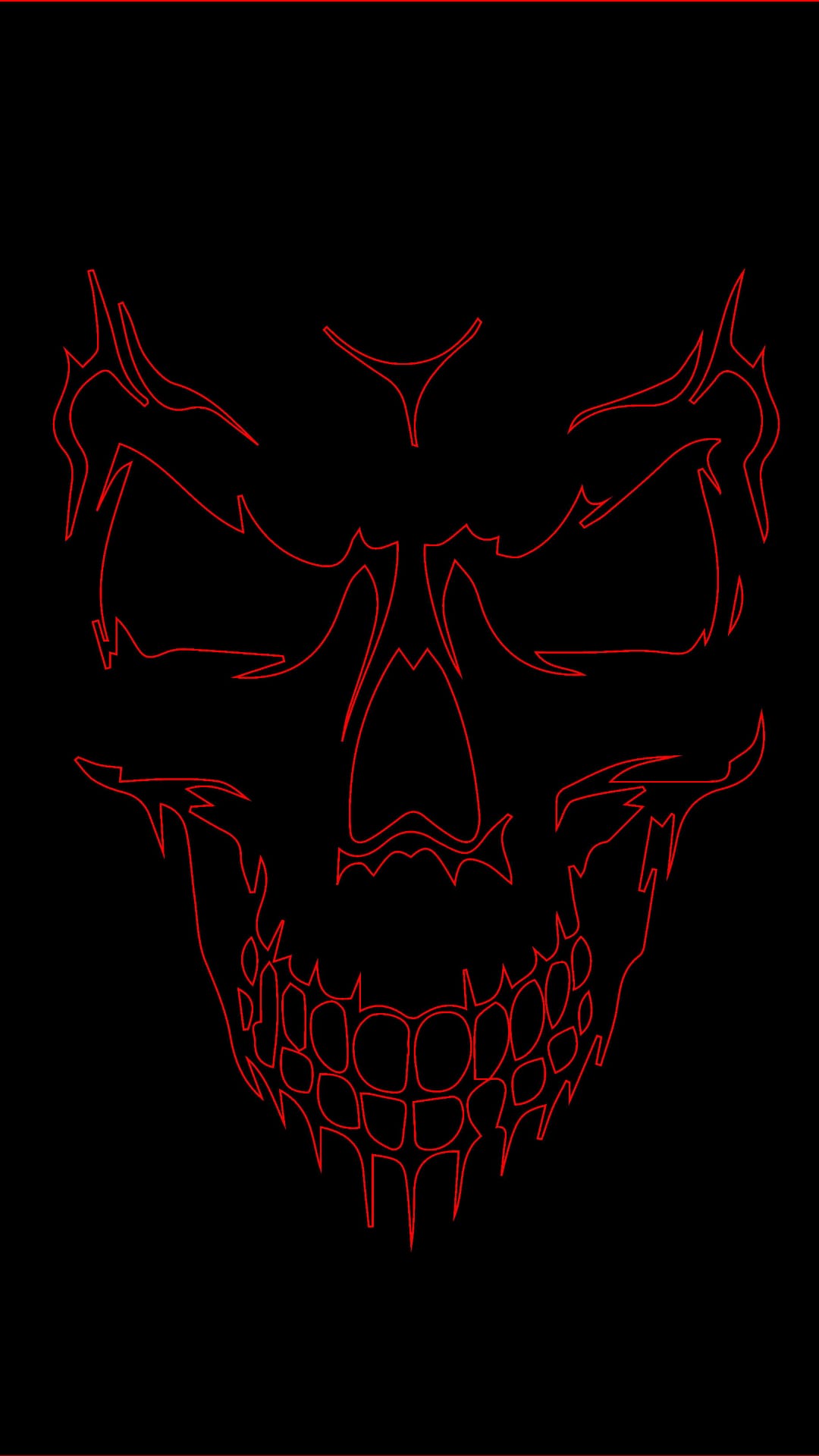 Skull with glowing red outlines and hollow eyes centered on a deep black background for vertical phone screens.