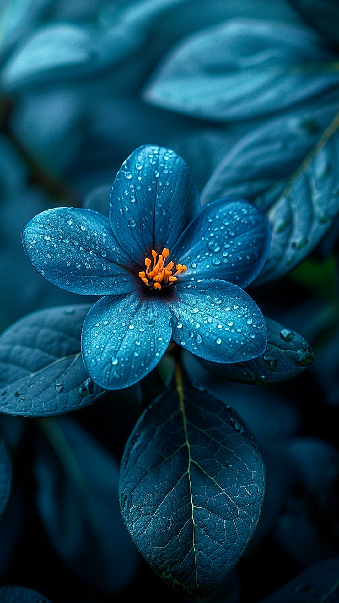 Blue flower with clear water droplets on its petals surrounded by dark, shadowy leaves in a moody macro shot.