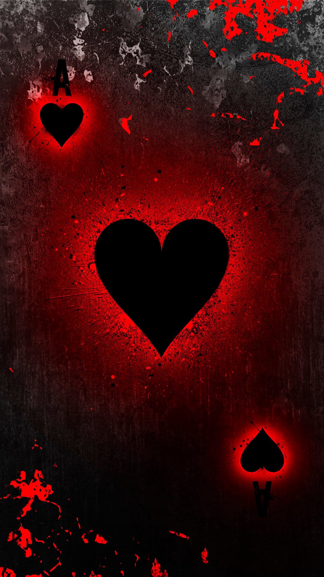 Ace of Hearts playing card with a luminous red border and central heart on a black textured background.