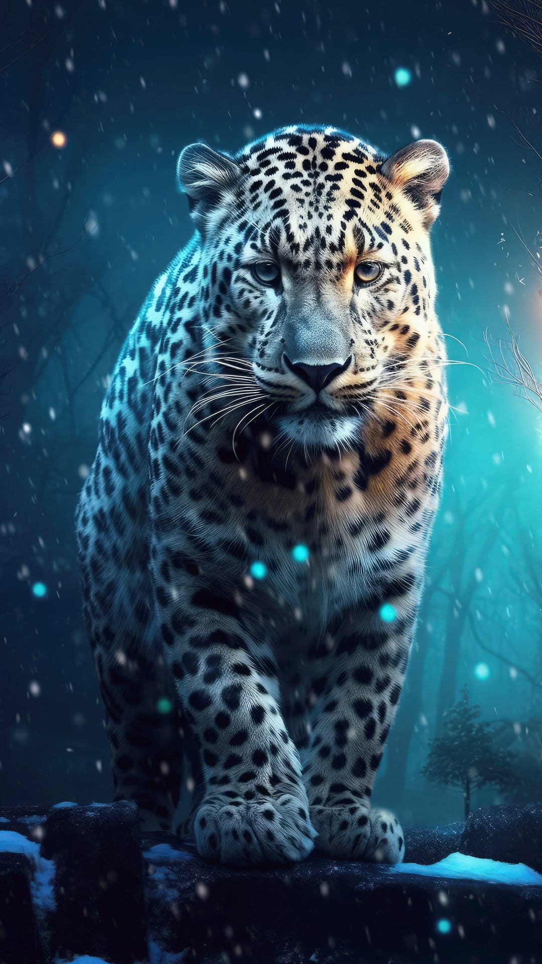 Leopard with spotted fur prowling through a snow-covered forest under glowing blue light and sparkling particles.