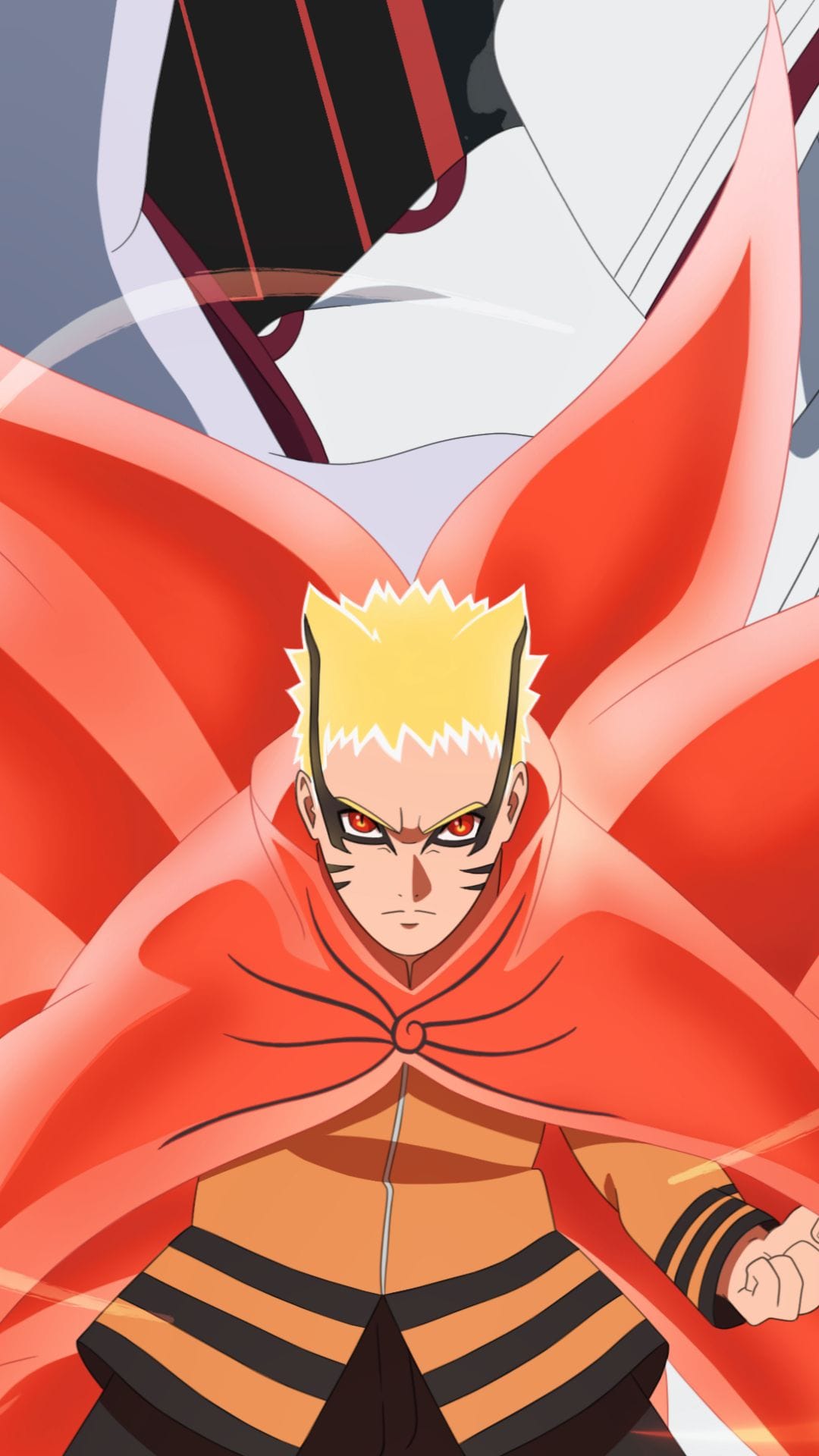 Naruto Uzumaki stands in glowing orange chakra mode against a backdrop featuring a giant white armored figure.
