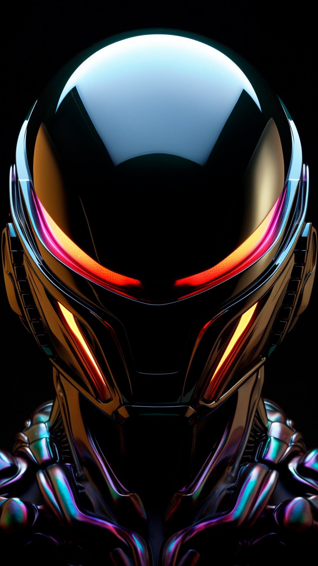 Futuristic robot helmet features glowing red and blue vertical light strips on a polished metallic surface.