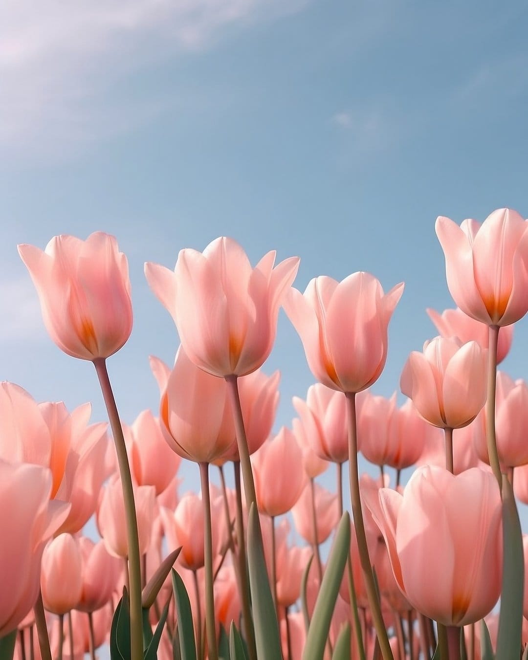 Pink tulips with soft petals reach toward a clear blue sky in a low-angle view of a sunny spring garden.