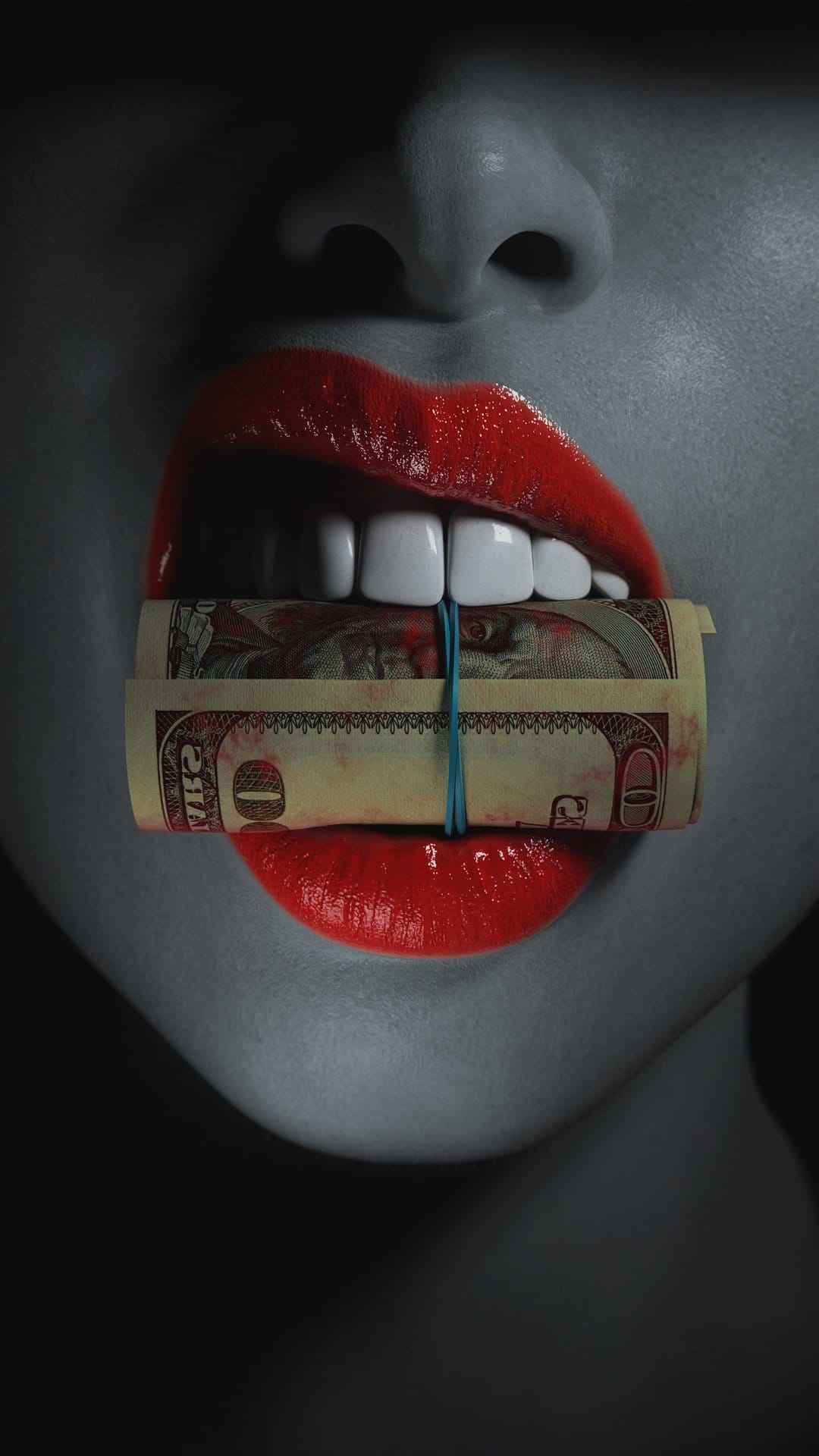 Red lips bite a roll of US dollars secured with a blue band against a dark high-contrast grayscale background.