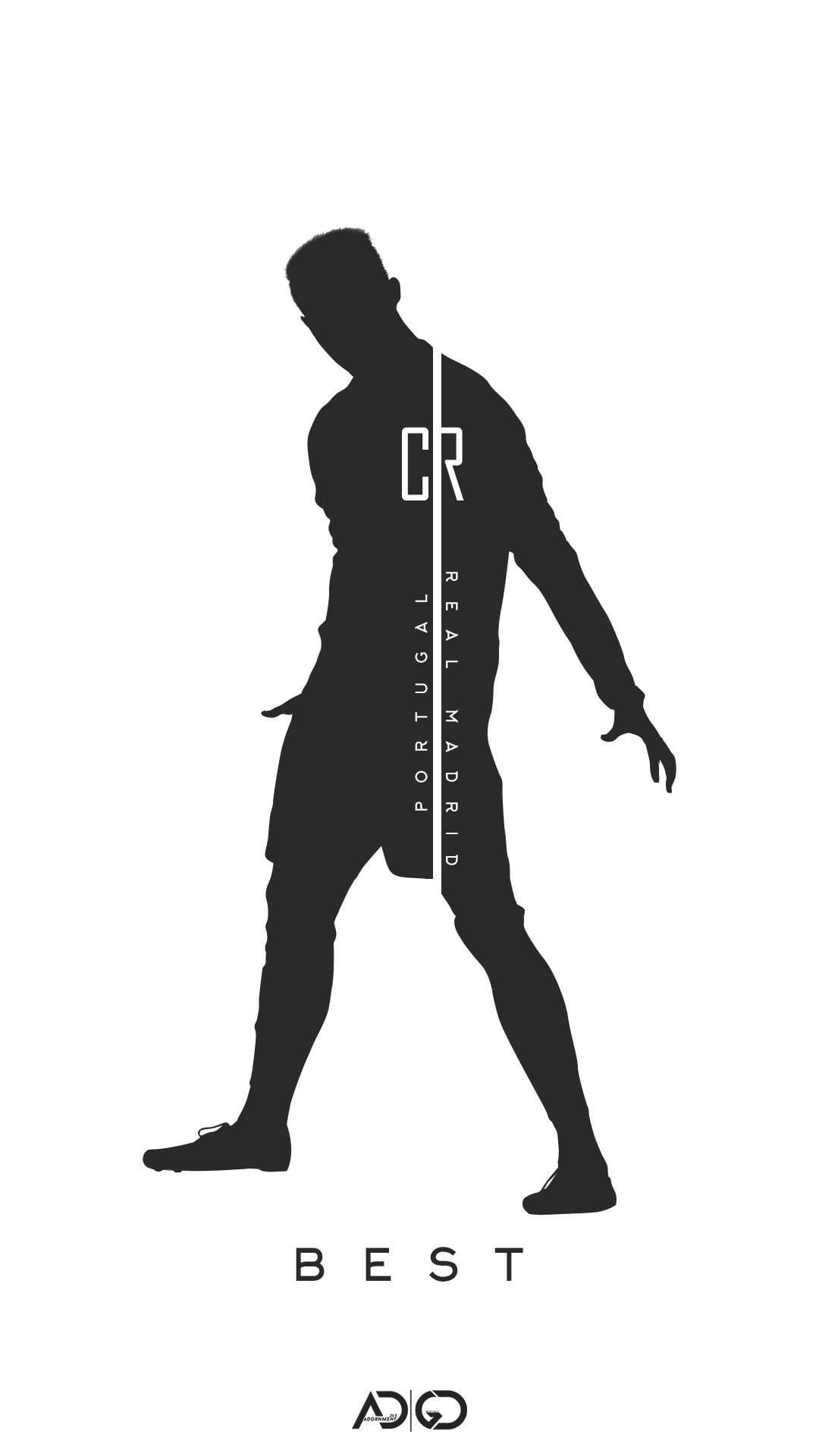 Soccer player silhouette with CR7 typography and vertical text on a white background for a minimalist look.