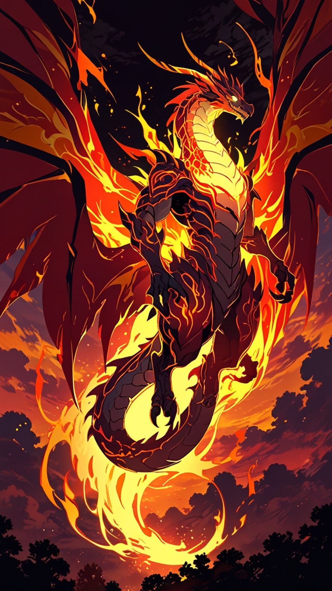 Obsidian dragon with glowing red scales soaring through a vortex of flames against an orange and purple sky.
