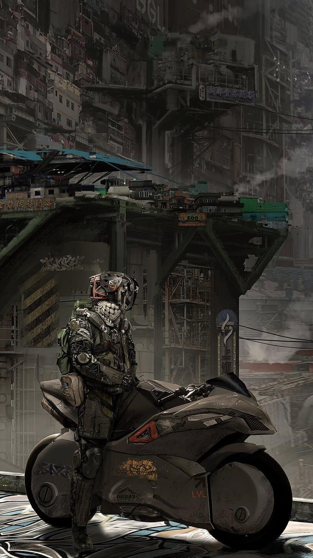 Cyberpunk biker in tactical gear sits on a futuristic motorcycle overlooking a glowing neon dystopian cityscape.