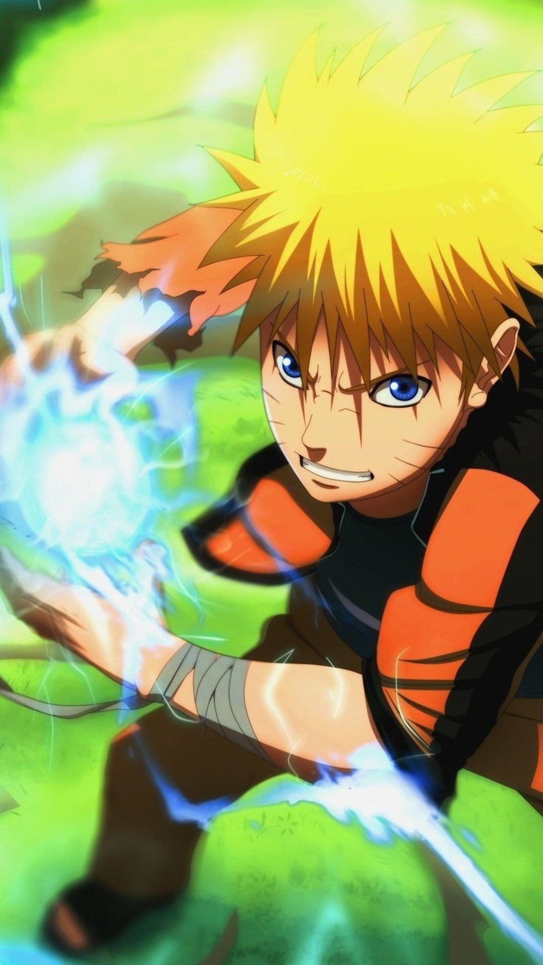 Naruto Uzumaki holds a swirling blue energy sphere while wearing orange clothes against a blurred green background.