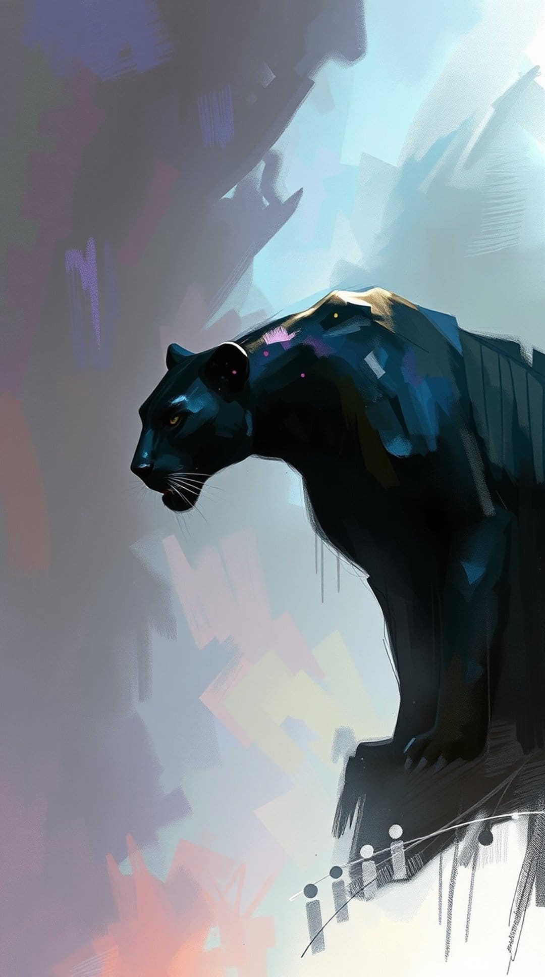 Black panther in profile with glowing yellow eyes against a textured blue, gray, and purple abstract background.
