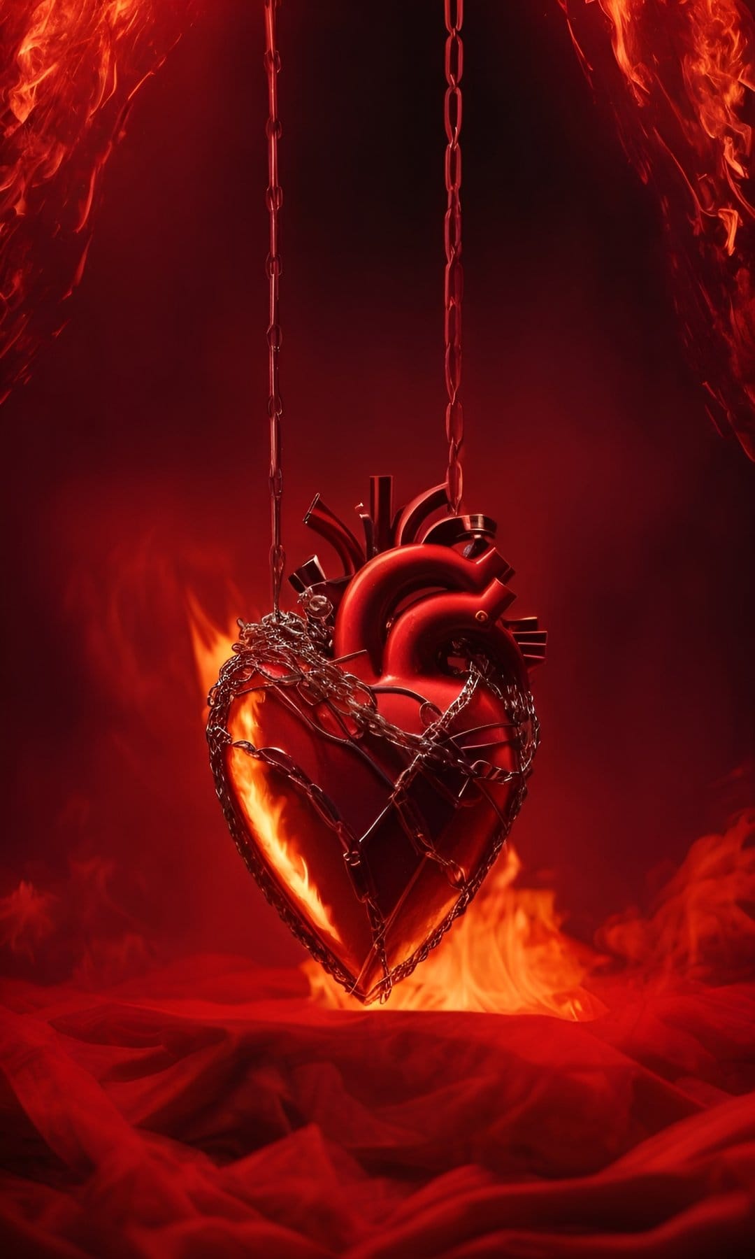 Human heart wrapped in heavy iron chains amidst rising orange flames against a dark red hellish backdrop.