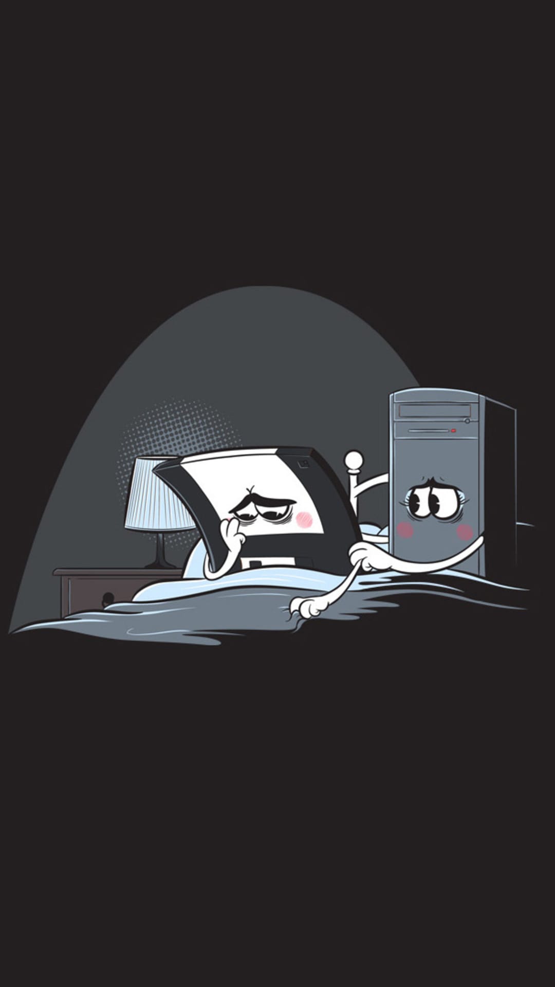 Computer tower and floppy disk resting in a bed under covers next to a glowing lamp and nightstand.