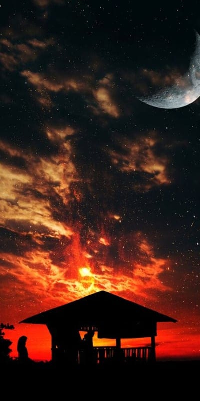 Sunset, Night, Moon, Silhouette, Sky, Red, Orange, Stars, Tranquil, Outdoor, Shelter, Twilight, Celestial, Landscape, Peaceful, Vibrant, Serene, Dusk, Dark, Crescent