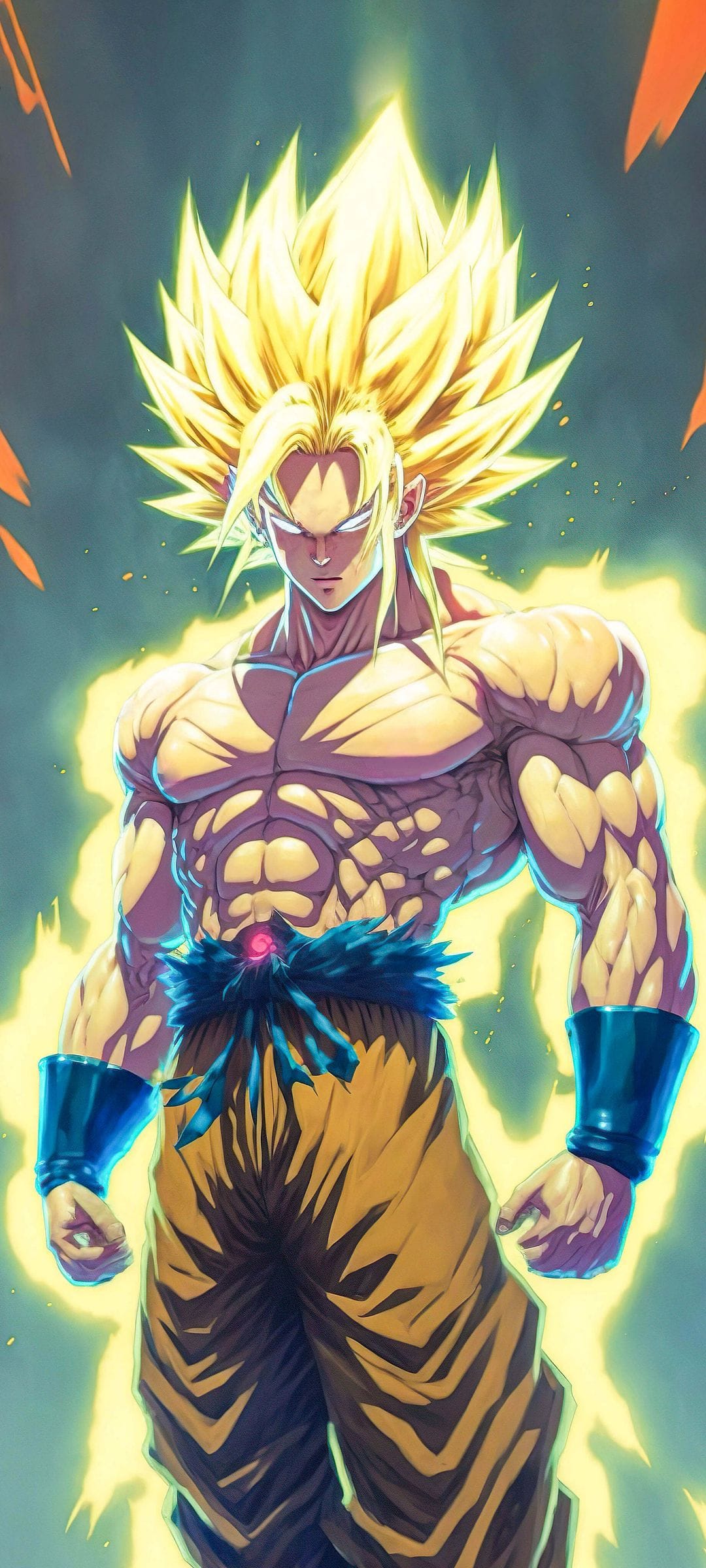 Goku stands with clenched fists as a bright yellow aura flares around his muscular body and blonde hair.