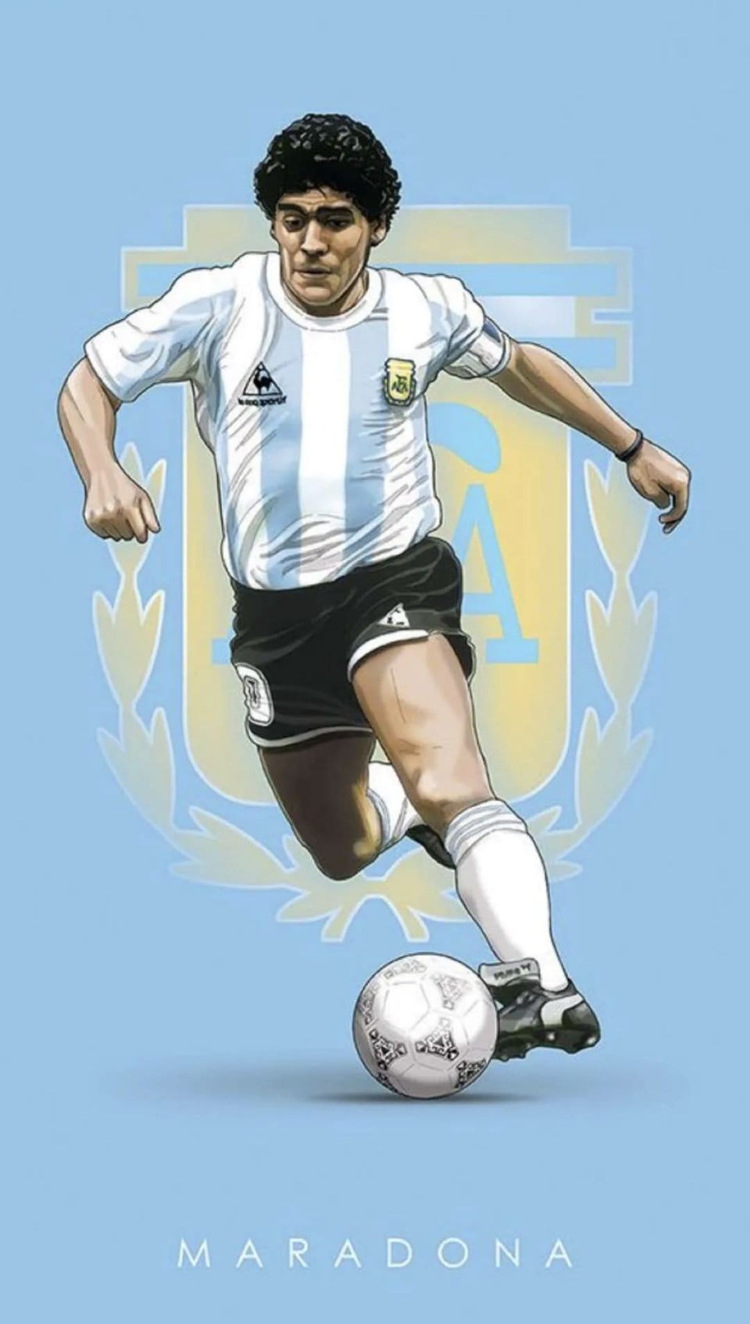 Diego Maradona dribbles a vintage soccer ball while wearing a blue and white striped Argentina national jersey.