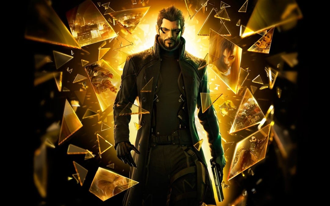 Adam Jensen in a black trench coat surrounded by glowing golden glass shards and futuristic city fragments.