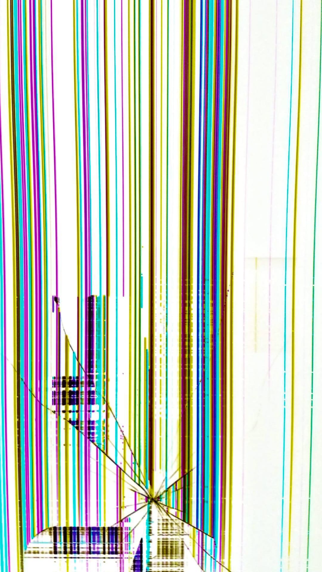 Shattered glass shards overlay vibrant vertical columns of purple, teal, and yellow on a dark backdrop.