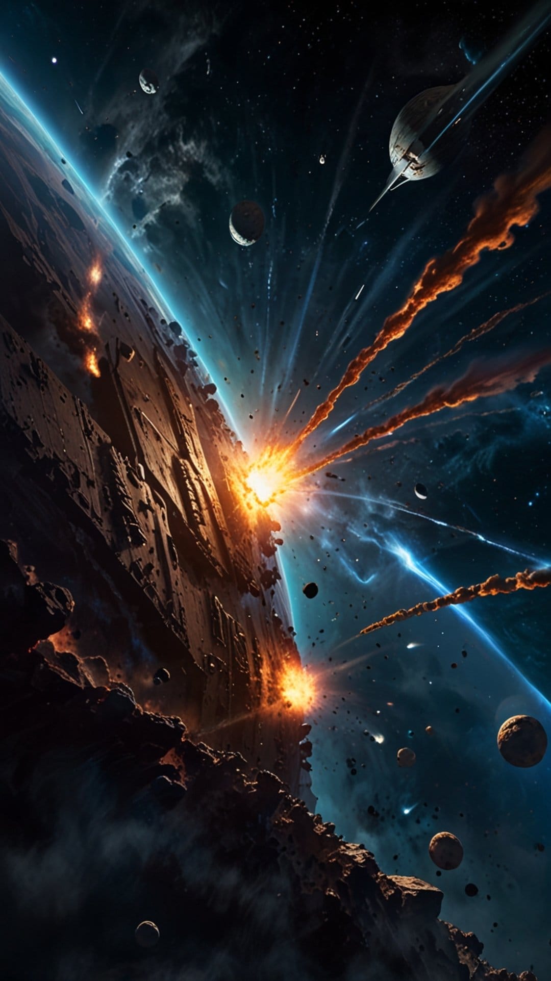 Alien starships fire glowing projectiles amidst an asteroid field while explosions erupt on a nearby moon surface.