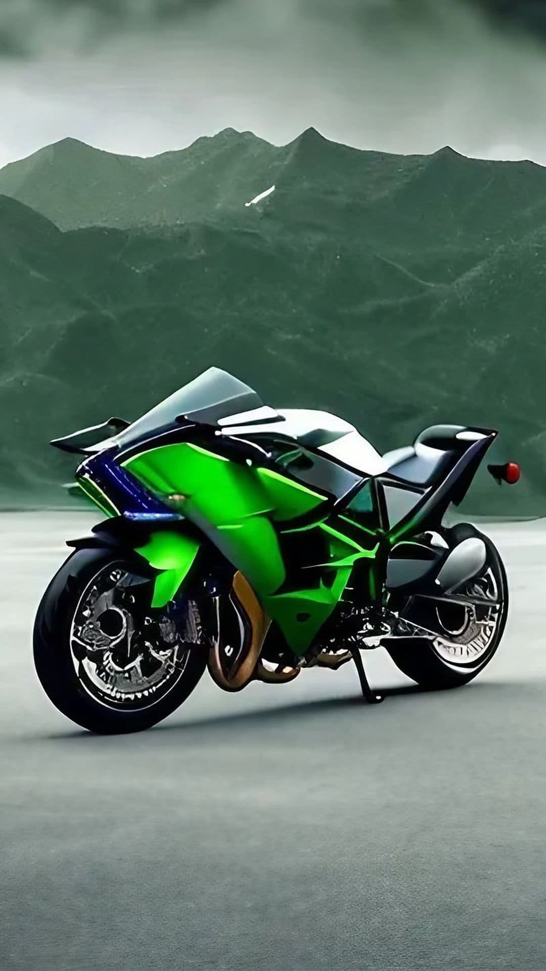 Kawasaki Ninja H2R motorcycle parked on asphalt with green mountain ridges and snow-capped peaks in the distance.