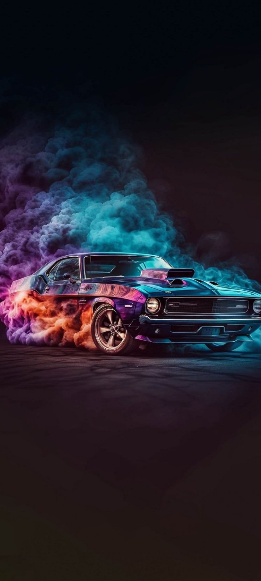 Black muscle car drifting through thick plumes of glowing purple and orange smoke against a dark background.