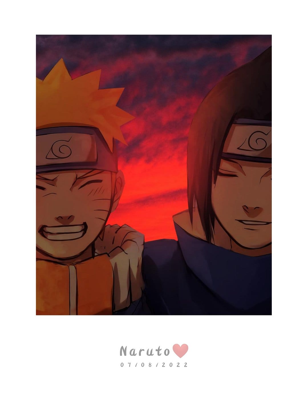 Naruto Uzumaki grins as Sasuke Uchiha smiles with closed eyes beneath a fiery red and purple evening sky.