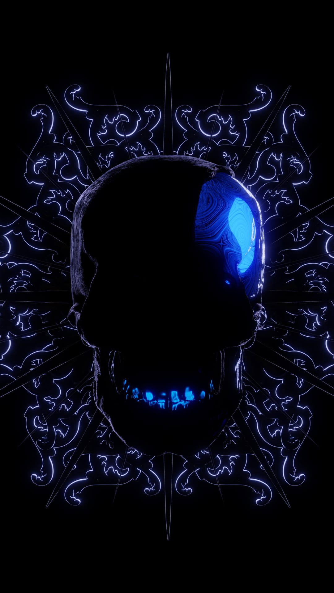 Black glossy skull centered against a backdrop of glowing blue ornamental swirls and intricate neon patterns.