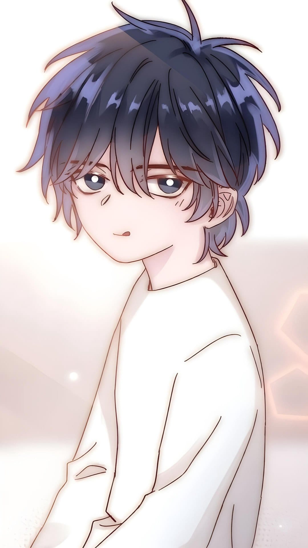 Anime boy with messy dark blue hair and bright blue eyes wearing a white shirt against a soft blurred background.