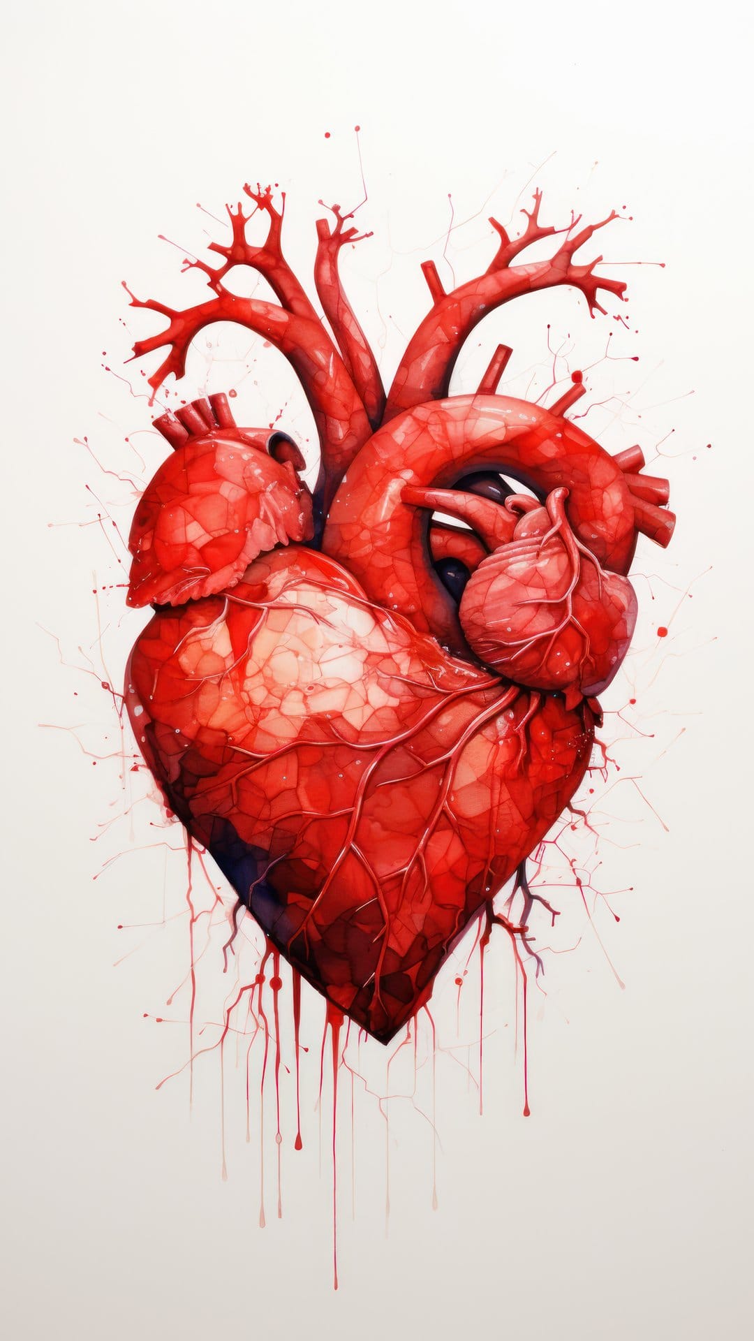 Human heart with intricate red veins and arteries branching out against a white background with paint splatters.