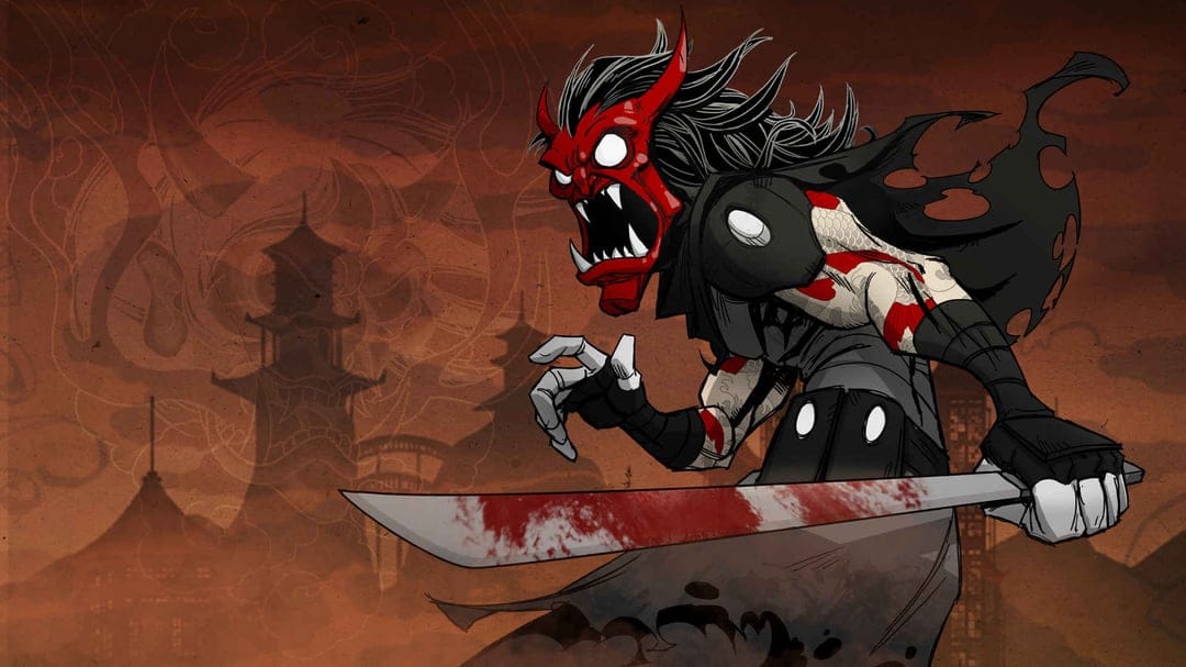 Fierce demon warrior in a red oni mask holding a blood-stained sword against a stylized Japanese background.