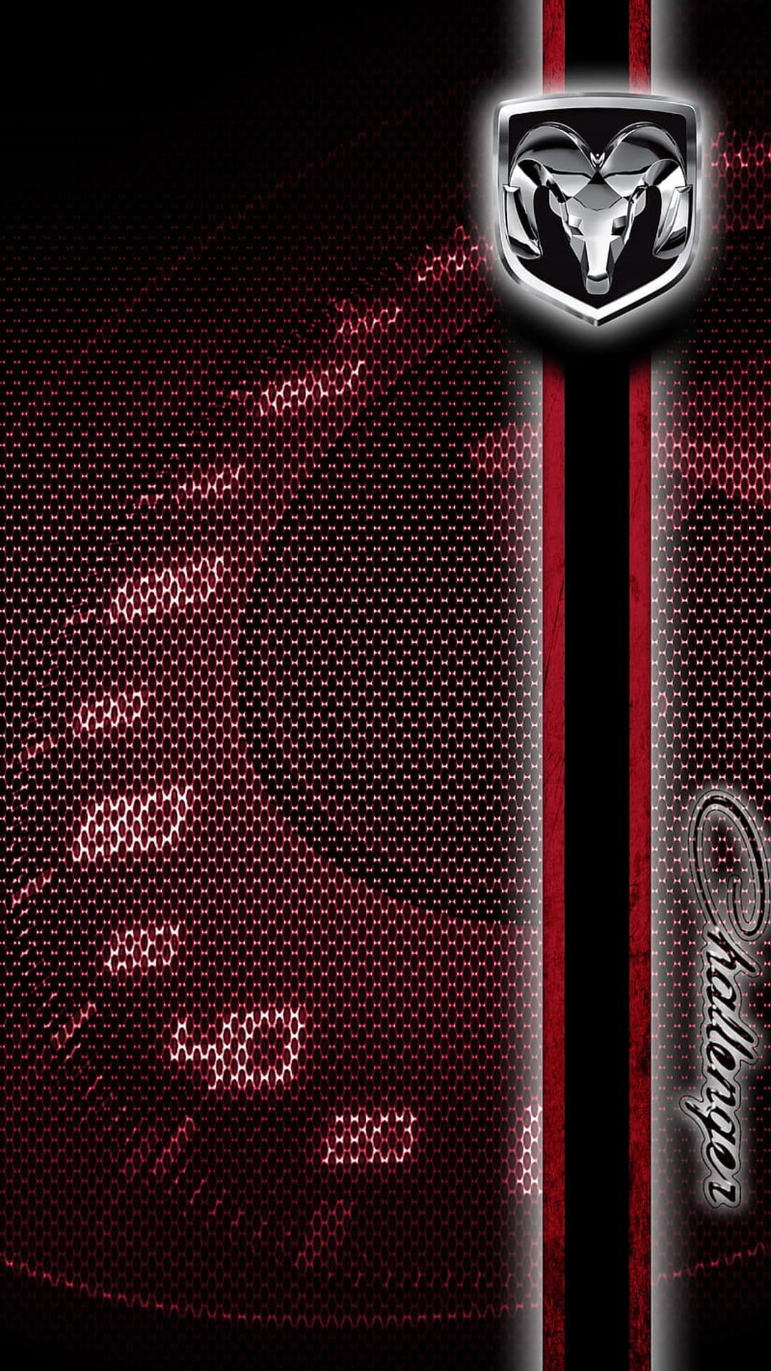 Dodge Challenger logo sits on red carbon fiber weave with black racing stripes and vertical script lettering.