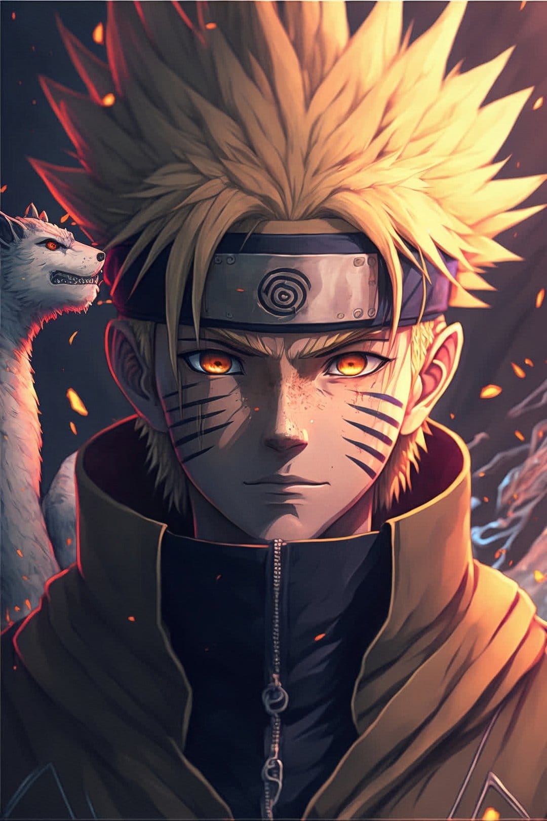 Naruto Uzumaki with glowing orange eyes and a white wolf stands against a dark fiery background with embers.