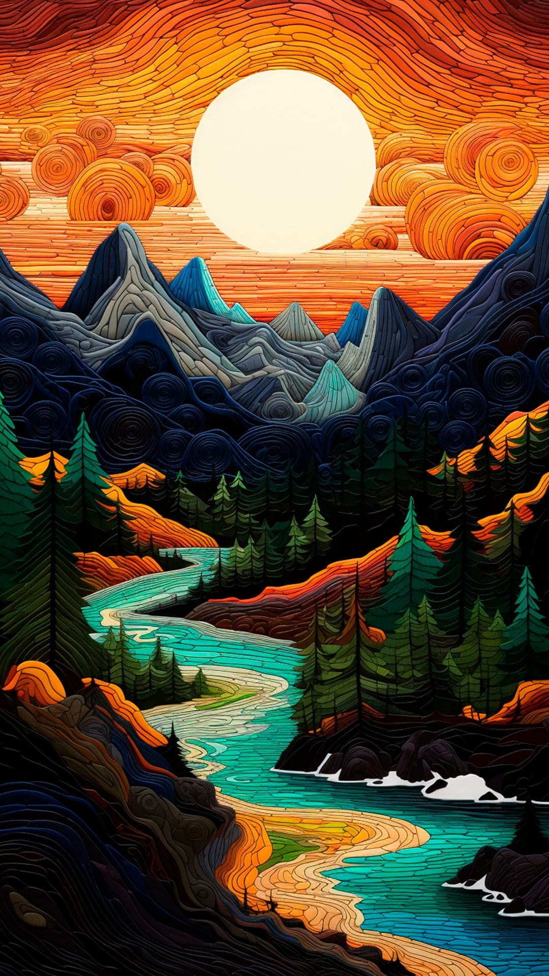 Turquoise river winding through dark evergreen forests and jagged mountains under a glowing orange sunset moon.