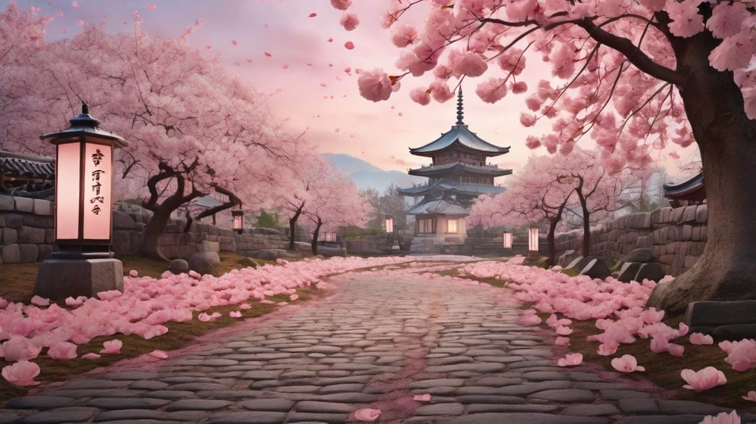 A multi-story Japanese pagoda stands behind a path lined with pink cherry blossoms and glowing stone lanterns.