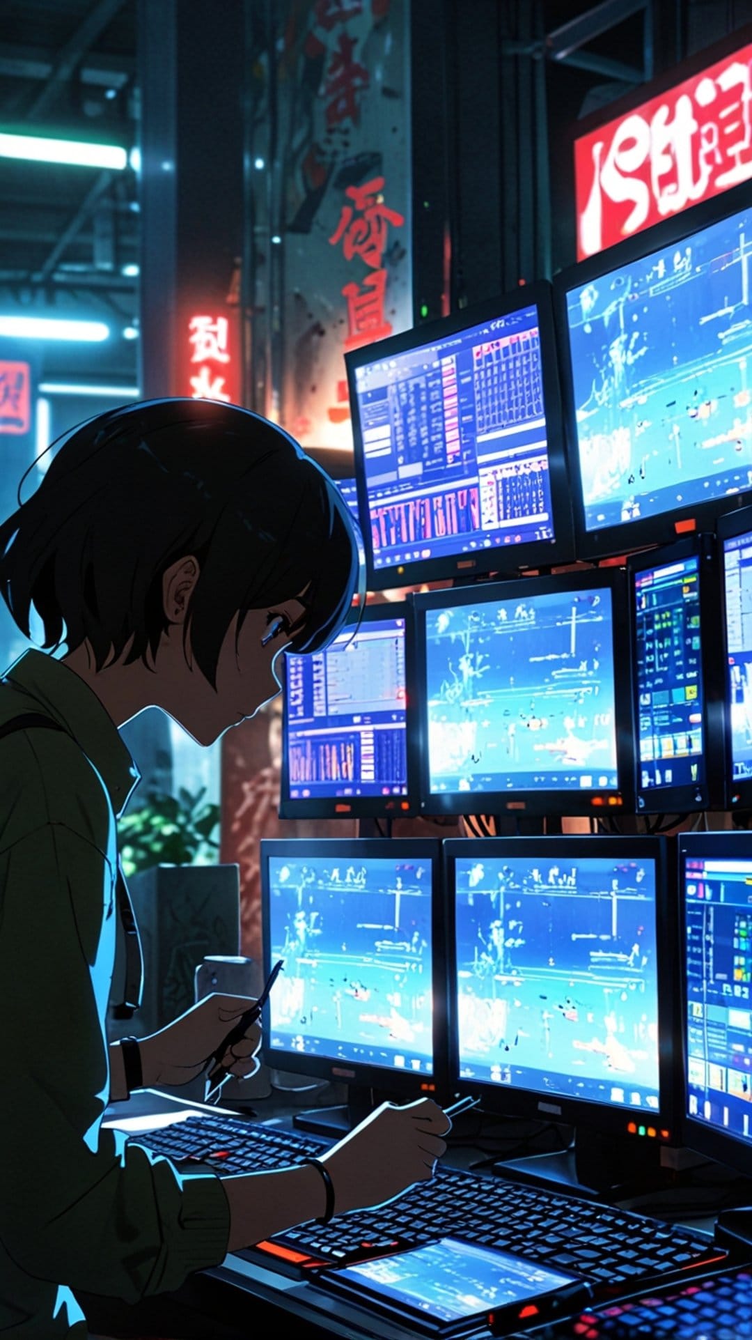 Anime girl with blue eyes operates glowing computer monitors and a keyboard in a neon-lit cyberpunk city.