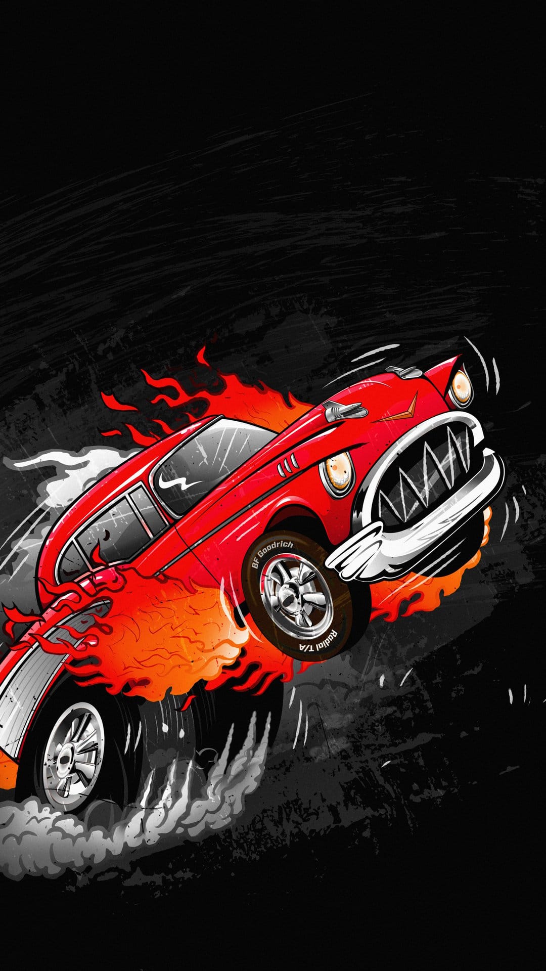 Red hot rod car accelerates through bright orange flames and grey smoke against a dark textured background.