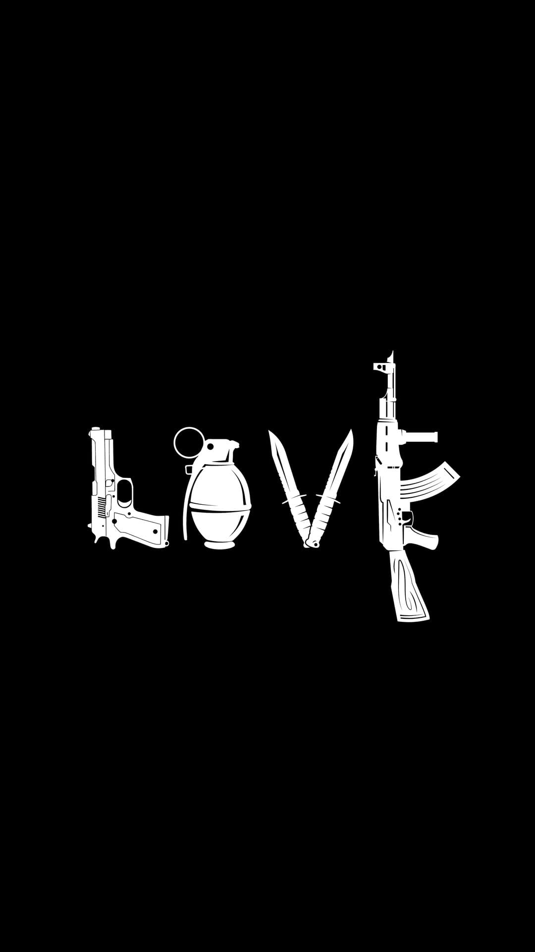 Pistol, grenade, knives, and an assault rifle spell out the word love in white on a black background.