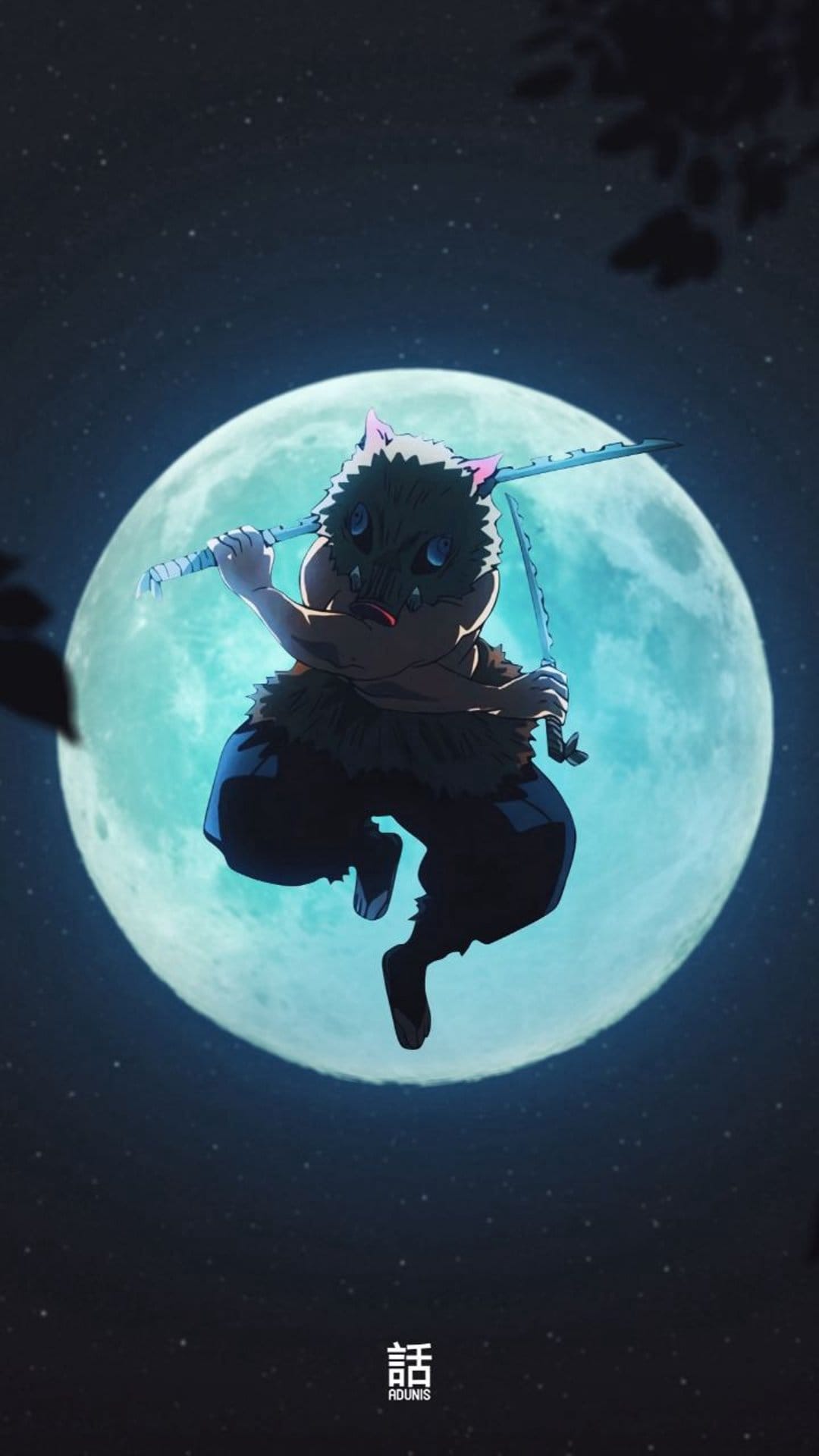Inosuke Hashibira leaps mid-air with dual katanas before a giant glowing moon and starry night sky background.