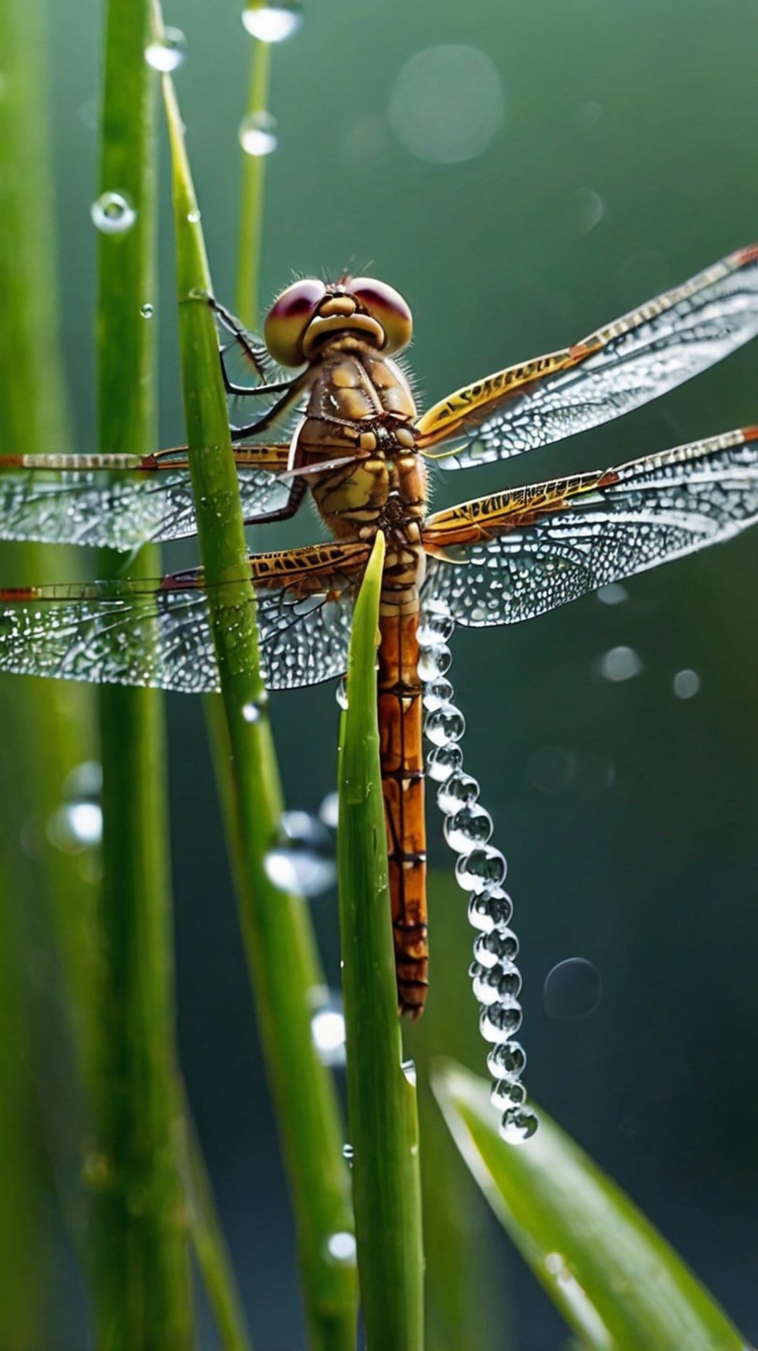 Dragonfly with translucent wings covered in tiny water droplets clings to a vertical green blade of grass.