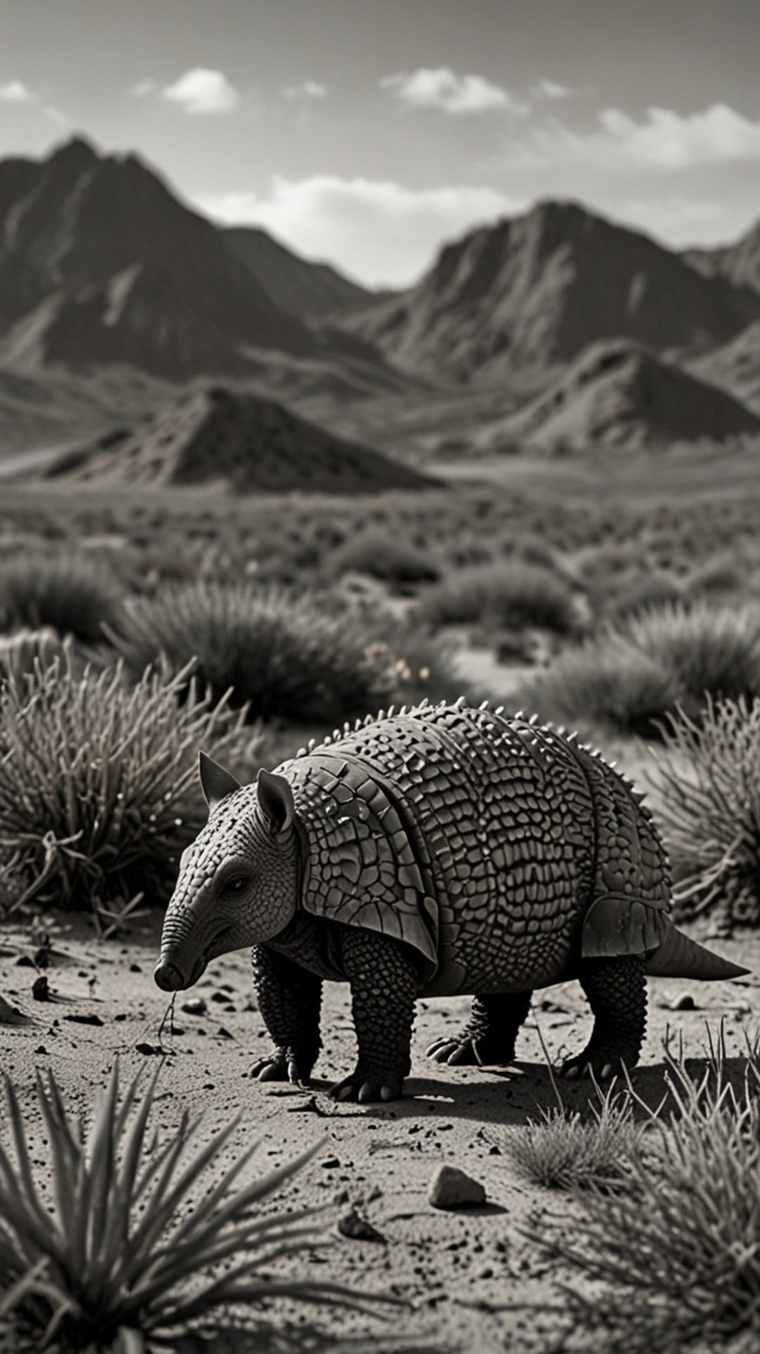 Armadillo walking through a rocky desert with jagged mountains and a cloudy sky in high-contrast monochrome.