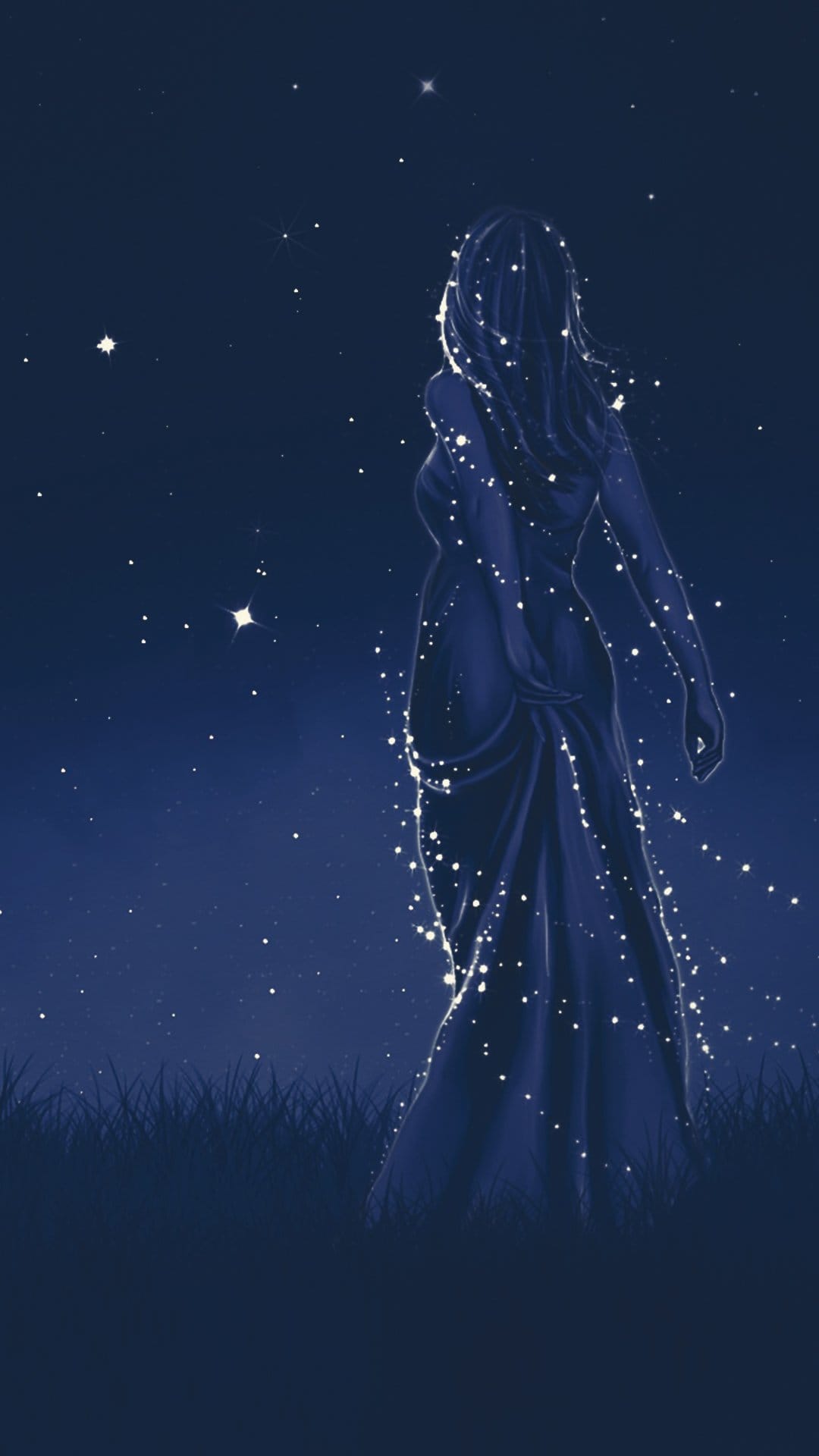 Shimmering female silhouette made of stars stands in a dark field beneath a brilliant twinkling midnight sky.
