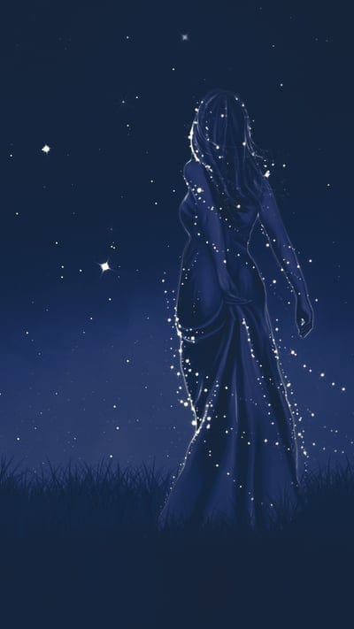 stardust, magical, female silhouette, night sky, ethereal, twinkling stars, fantasy art, serene, celestial, glowing figure, dreamlike, peaceful, mystery, digital painting, abstract, enchanting, artistic, dark blue