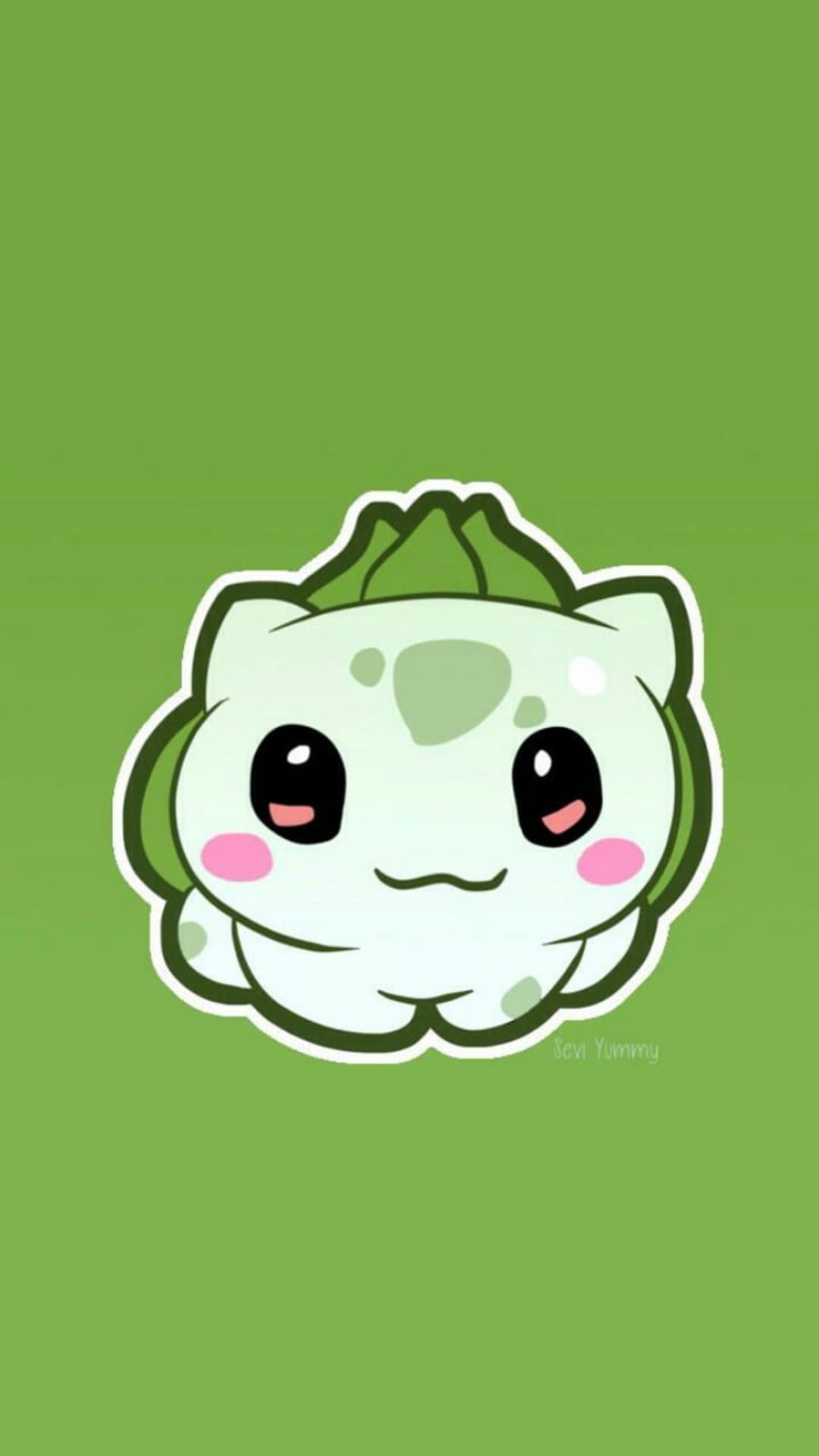 Bulbasaur with large expressive eyes and pink cheeks smiles in front of a solid bright green background.