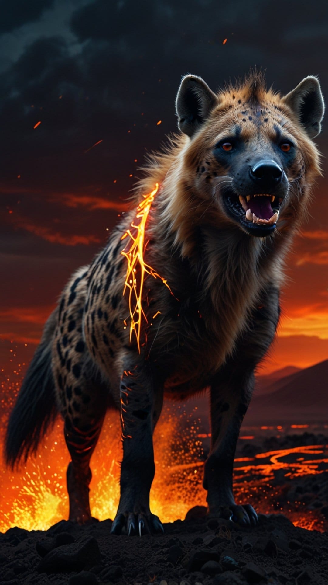Hyena with glowing orange markings standing on volcanic rock surrounded by molten lava and floating embers.