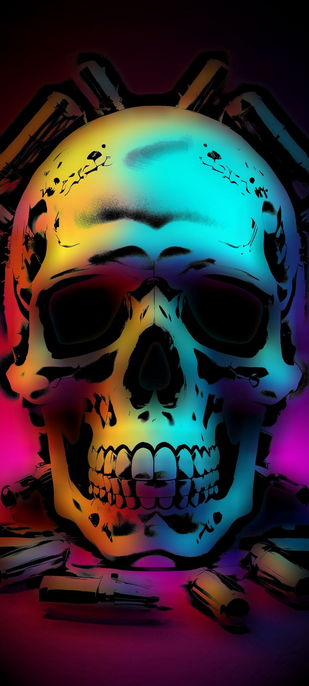 Human skull illuminated with rainbow neon gradients and surrounded by brass bullet casings on a dark background.