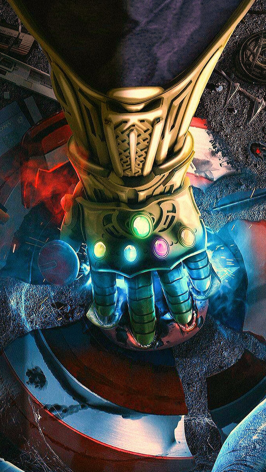 Thanos' Infinity Gauntlet exerts pressure on Captain America's broken shield with glowing multicolored stones.