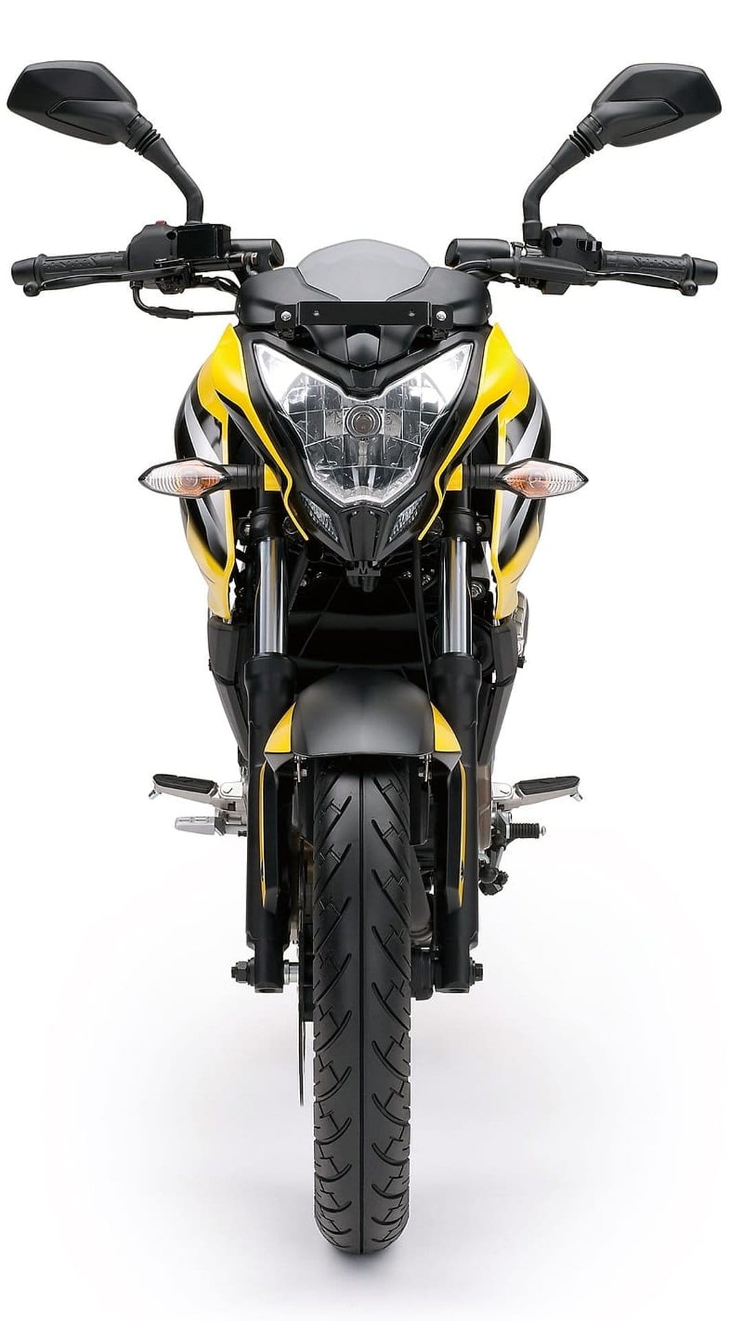 Yellow and black sport motorcycle faces forward with bright headlights and dual mirrors on a white background.