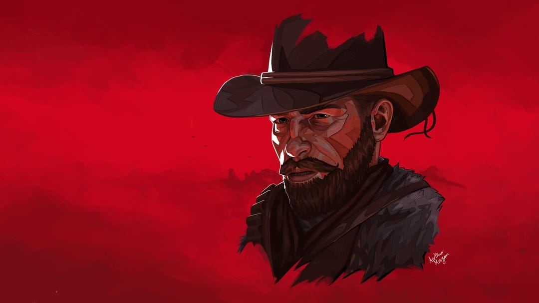 Bearded cowboy wearing a tattered hat and fur-lined coat set against a deep red textured backdrop and cloudy atmosphere.