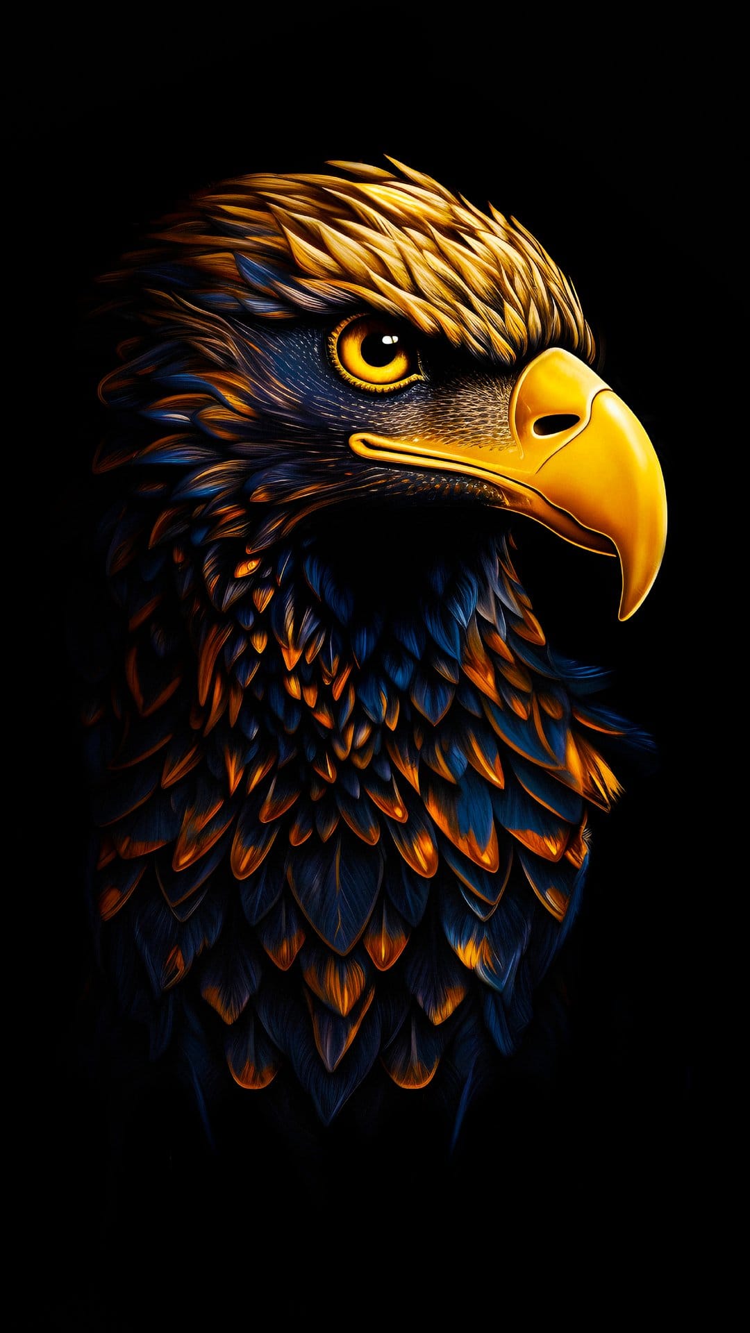 Eagle head with a bright golden beak and glowing orange feathers stares forward against a solid black background.