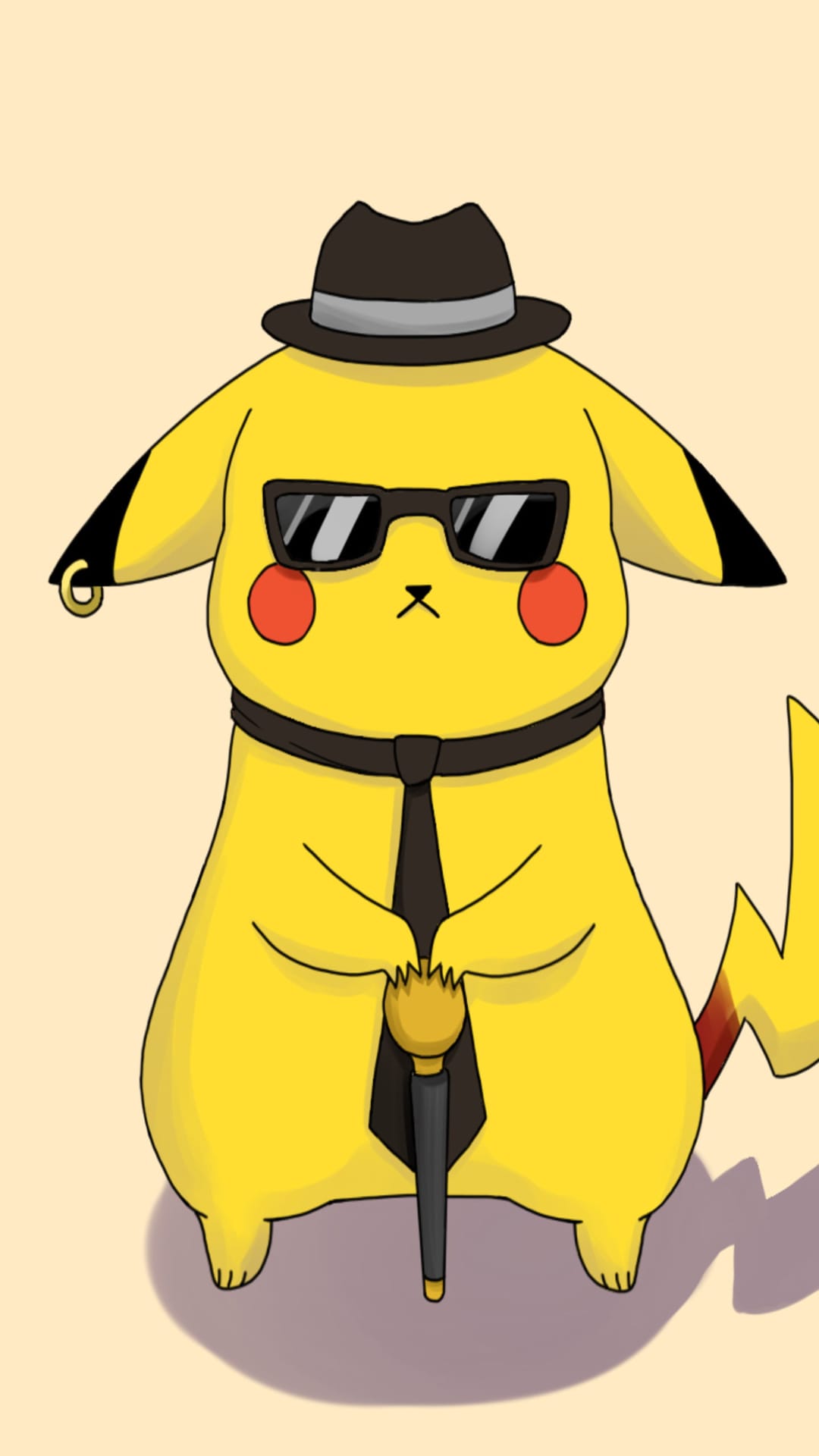 Pikachu wearing a black fedora, dark sunglasses, and a tie while holding a cane against a clean background.